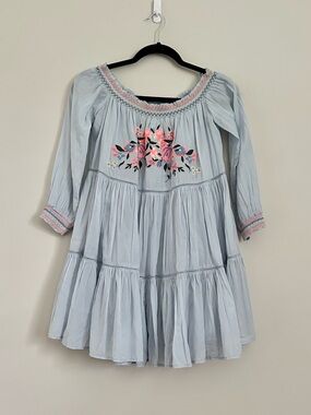 Free People Blue Embroidered Babydoll Mini Dress XS Boho Peasant Floral Festival